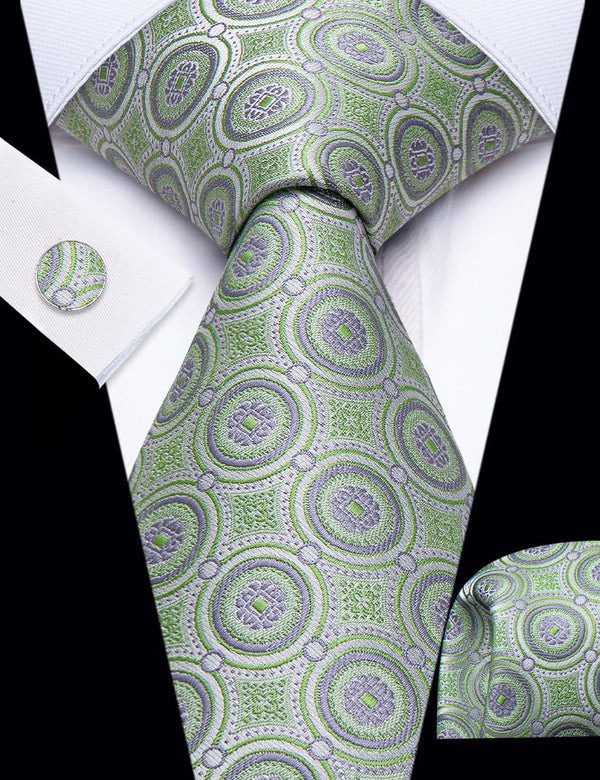 YourTies Mint Green Novelty Geometry Pattern Silk Men's Necktie Set