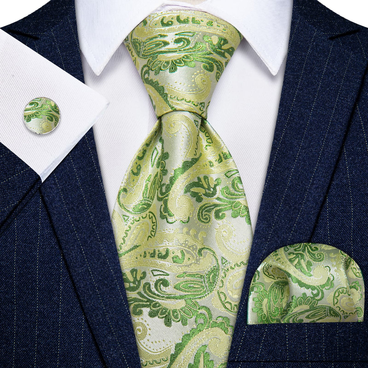 YourTies Light Green Tie Floral Men Necktie Hanky Cufflinks Set