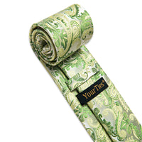 YourTies Lemon Green Paisley Neck Tie Floral Brooch Metal Tie Bar Set