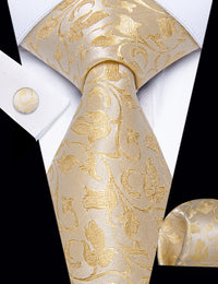 YourTies Champagne Yellow Men Necktie Floral Brooch Metal Tie Bar Set