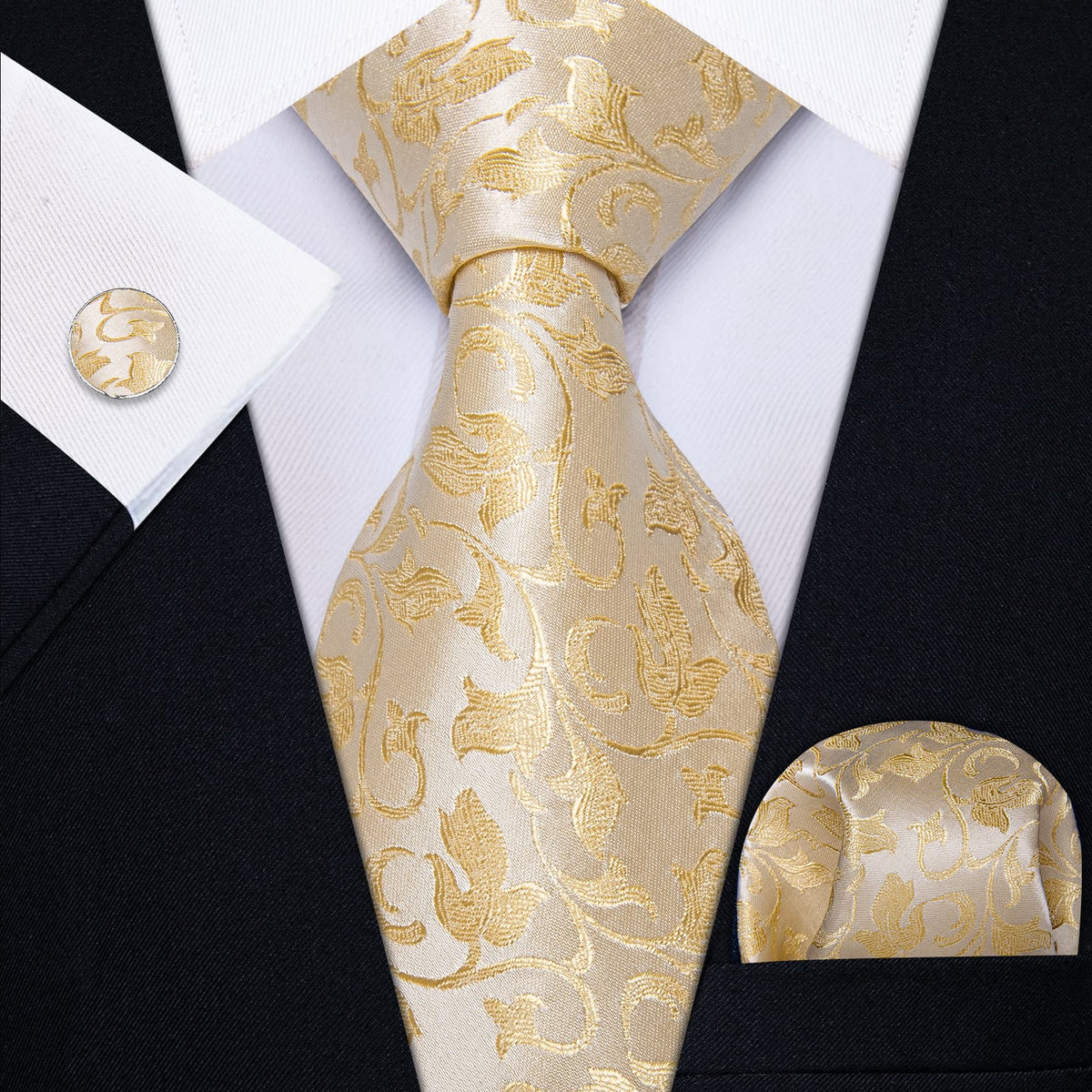 YourTies Champagne Yellow Men Necktie Floral Brooch Metal Tie Bar Set