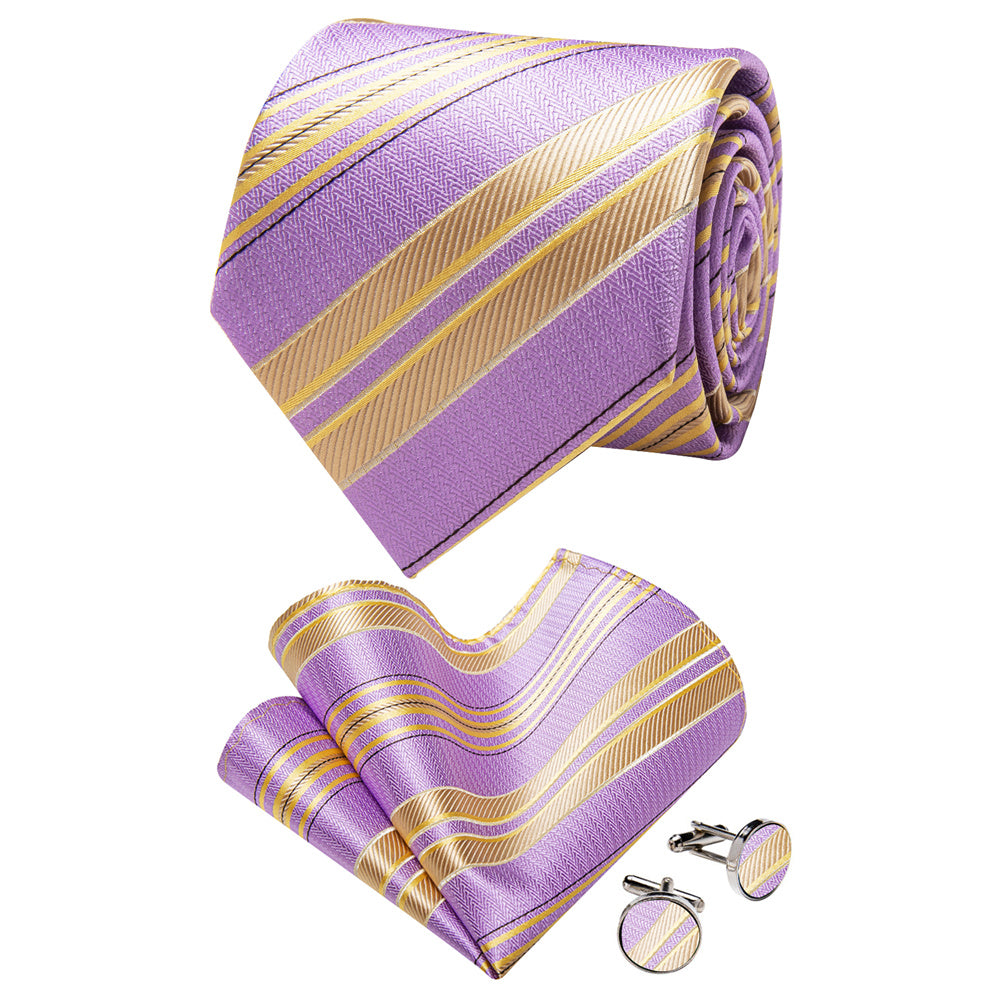 YourTies Lavender Tie Yellow Stripe Necktie Floral Brooch Tie Bar Set