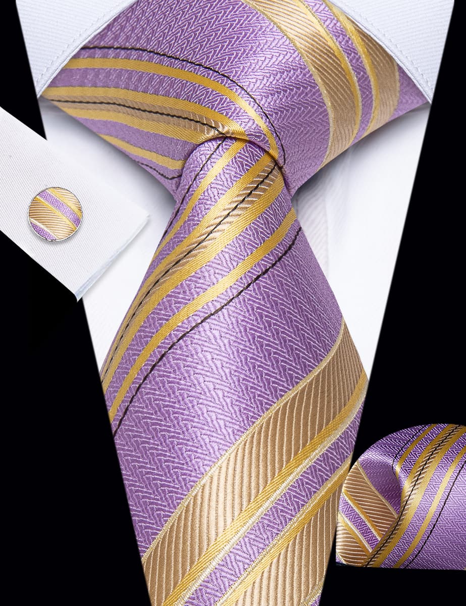 YourTies Purple Yellow Tie Striped Men Necktie Hanky Cufflinks Set