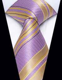 YourTies Lavender Tie Yellow Stripe Necktie Floral Brooch Tie Bar Set