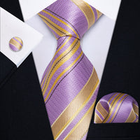 YourTies Lavender Tie Yellow Stripe Necktie Floral Brooch Tie Bar Set