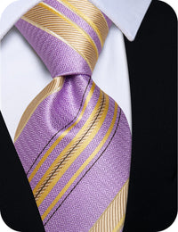 YourTies Lavender Tie Yellow Stripe Necktie Floral Brooch Tie Bar Set