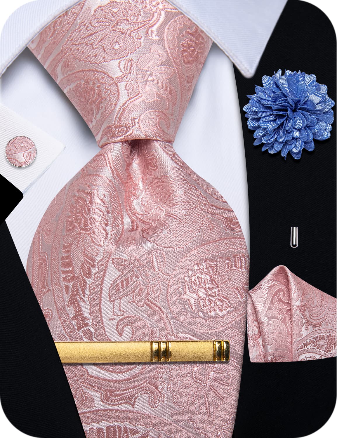 YourTies Pale Pink Tie Mens Paisley Necktie Floral Brooch Tie Bar Set