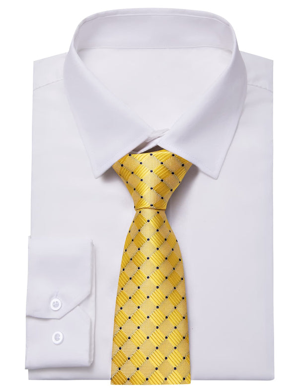 YourTies White Solid Long Sleeve Shirt with Yellow Plaid Silk Tie for Men