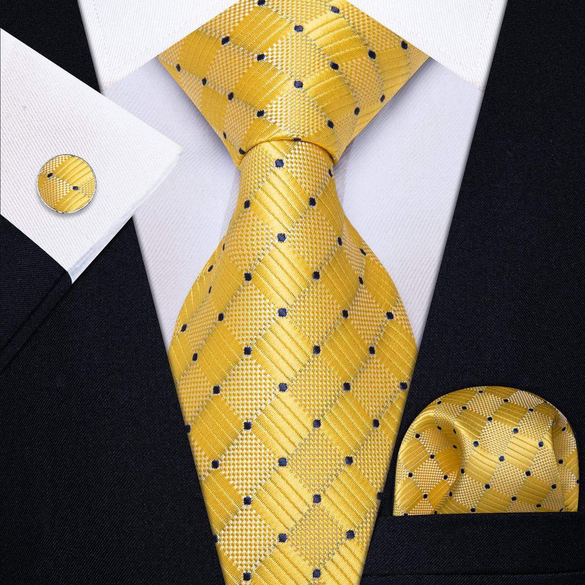 YourTies Pineapple Yellow Tie Blue Dots Necktie Hanky Cufflinks Set