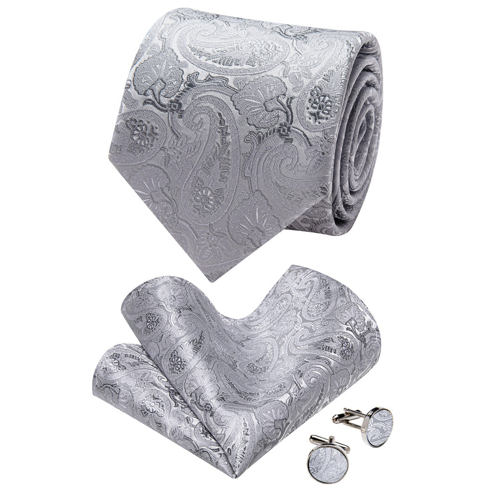 YourTies Light Grey Paisley Tie Men Necktie Floral Brooch Tie Bar Set