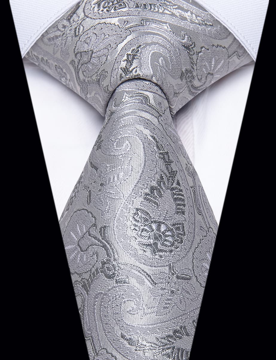 YourTies Light Grey Tie Paisley Floral Necktie Hanky Cufflinks Set