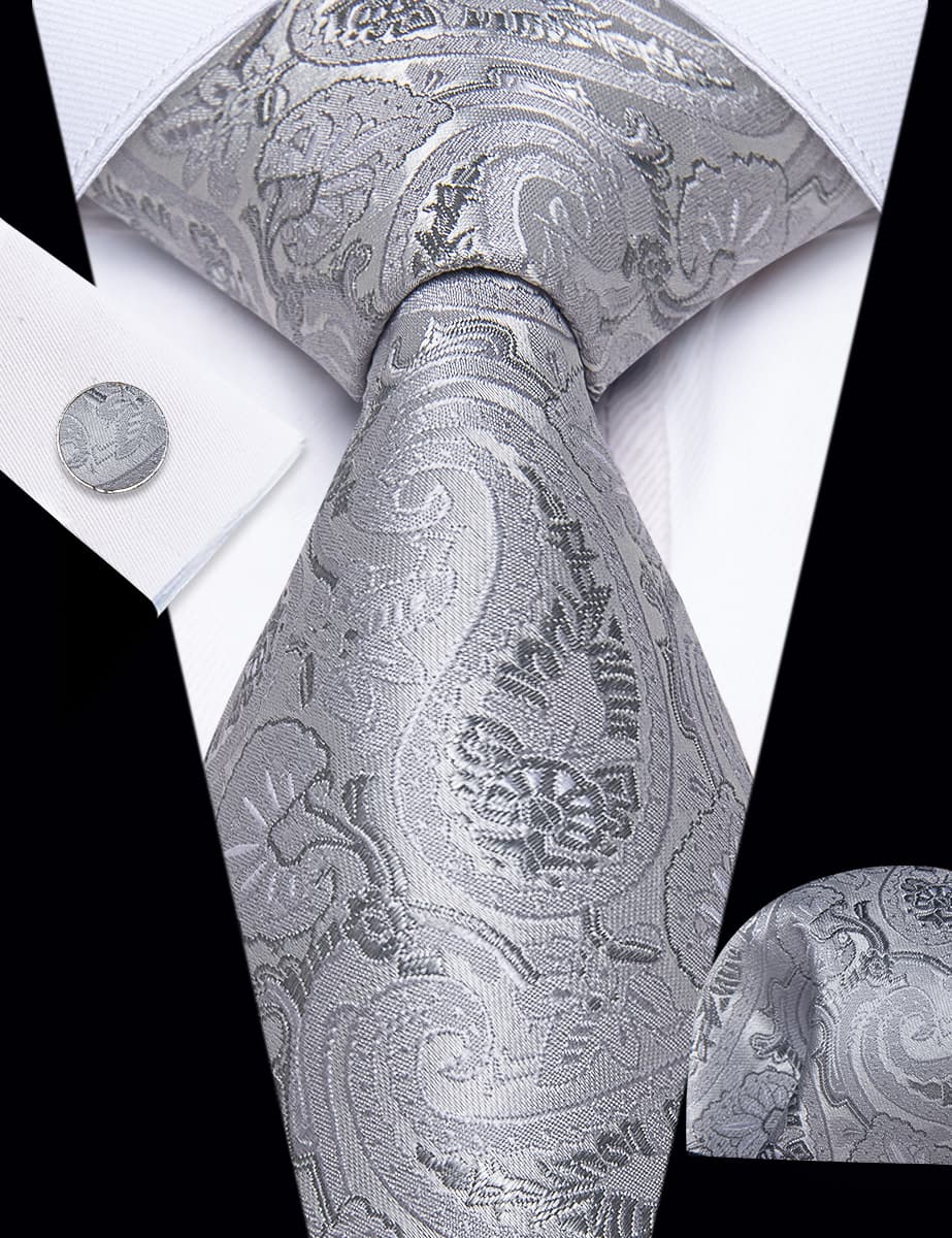 YourTies Light Grey Paisley Tie Men Necktie Floral Brooch Tie Bar Set