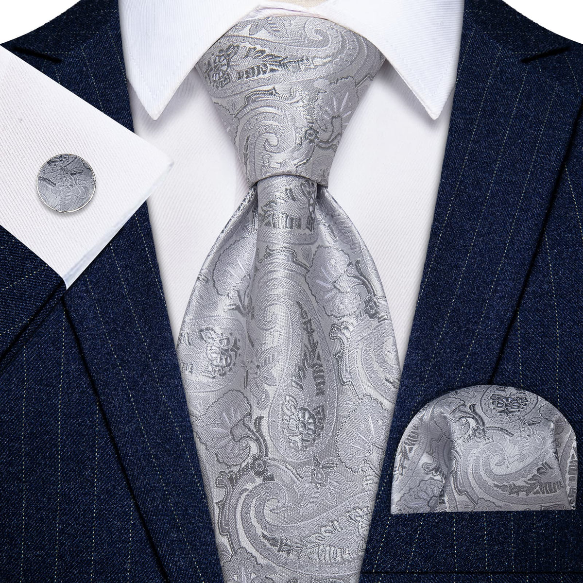 YourTies Light Grey Tie Paisley Floral Necktie Hanky Cufflinks Set