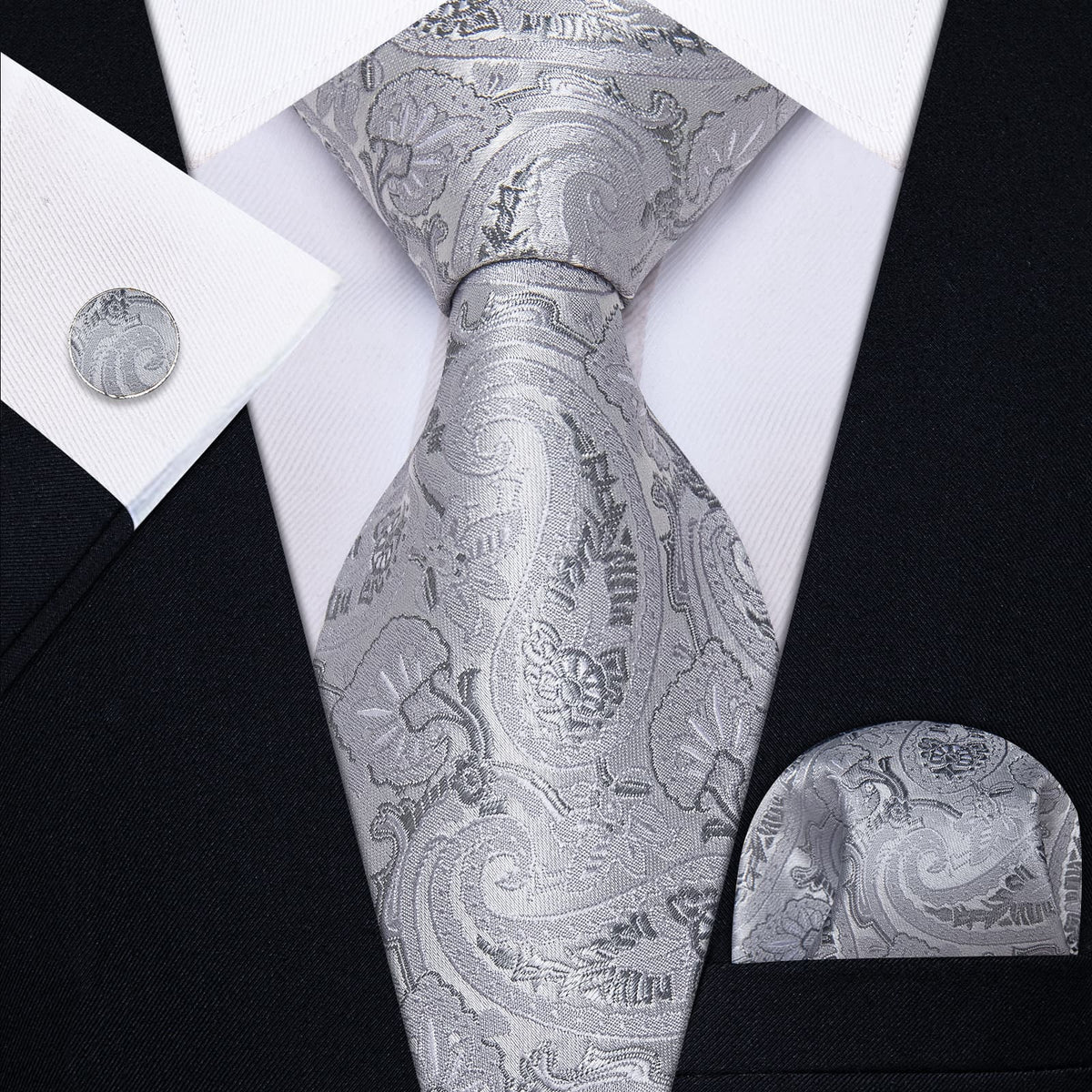 YourTies Light Grey Tie Paisley Floral Necktie Hanky Cufflinks Set