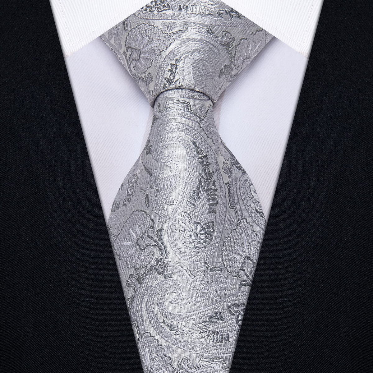 YourTies Light Grey Paisley Tie Men Necktie Floral Brooch Tie Bar Set