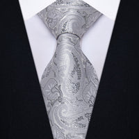 YourTies Light Grey Tie Paisley Floral Necktie Hanky Cufflinks Set