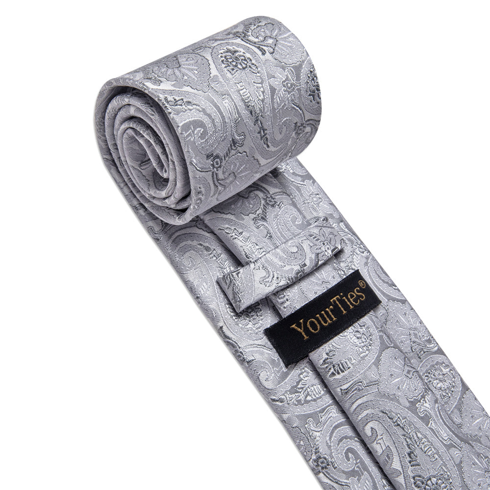 YourTies Light Grey Paisley Tie Men Necktie Floral Brooch Tie Bar Set