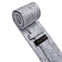 YourTies Light Grey Tie Paisley Floral Necktie Hanky Cufflinks Set