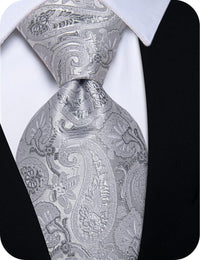 YourTies Light Grey Paisley Tie Men Necktie Floral Brooch Tie Bar Set