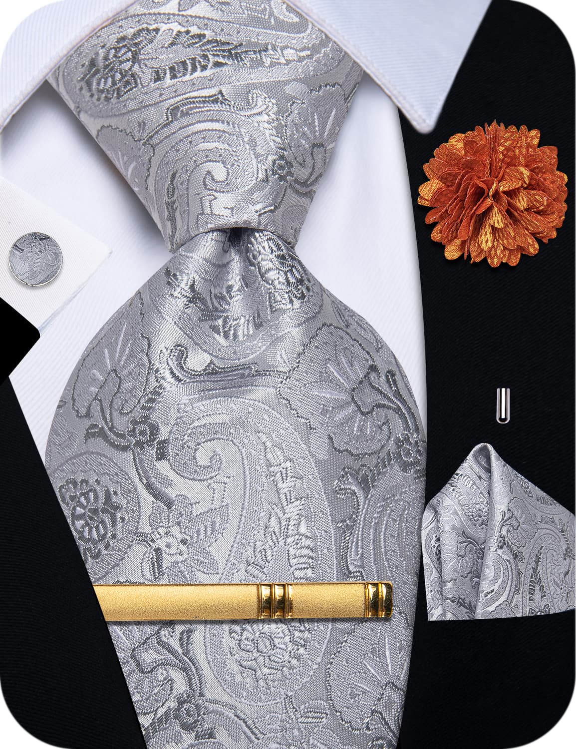 YourTies Light Grey Paisley Tie Men Necktie Floral Brooch Tie Bar Set