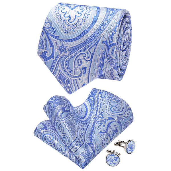 YourTies Sky Blue Tie Paisley Wedding Necktie Hanky Cufflinks Set