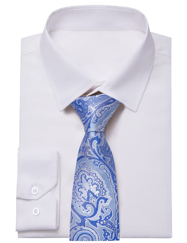 YourTies White Solid Long Sleeve Shirt with Sky Blue Floral Silk Tie for Men