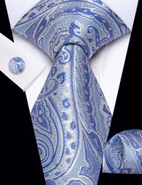 YourTies Sky Blue Tie Paisley Wedding Necktie Hanky Cufflinks Set