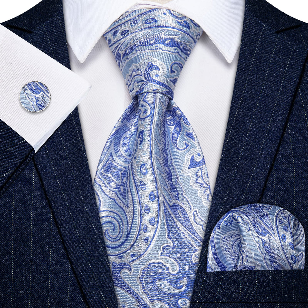 YourTies Sky Blue Tie Paisley Wedding Necktie Hanky Cufflinks Set