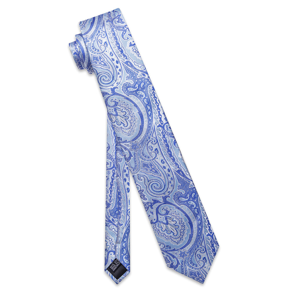 YourTies Sky Blue Paisley Tie Men Necktie Floral Brooch Tie Bar Set