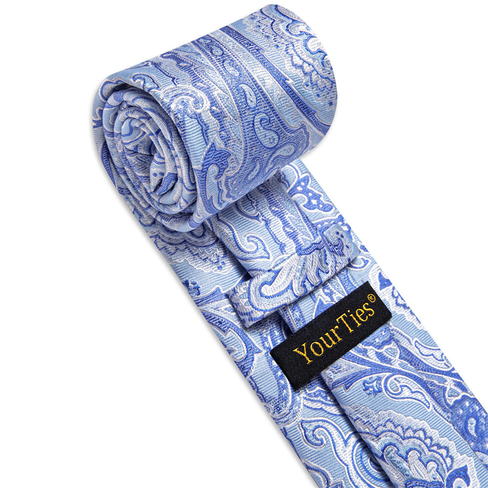 YourTies Sky Blue Tie Paisley Wedding Necktie Hanky Cufflinks Set