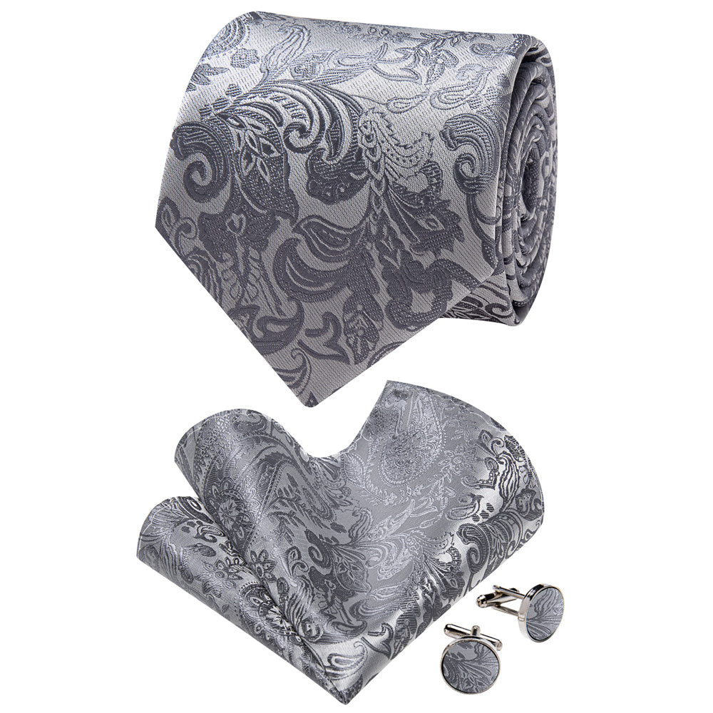 YourTies Dark Grey Tie Paisley Wedding Necktie Hanky Cufflinks Set