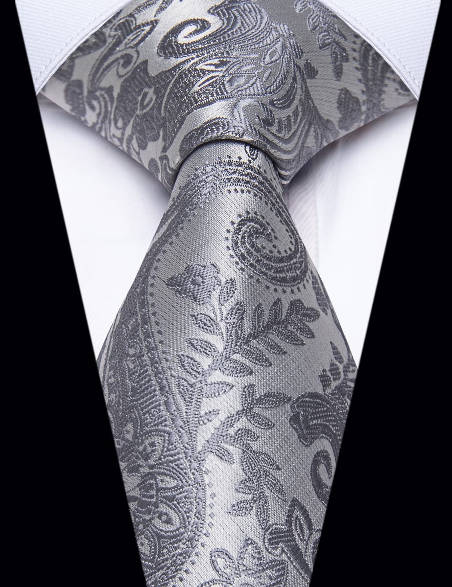 YourTies Dark Gray Paisley Tie Men Necktie Floral Brooch Tie Bar Set