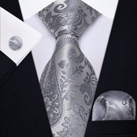 YourTies Dark Gray Paisley Tie Men Necktie Floral Brooch Tie Bar Set