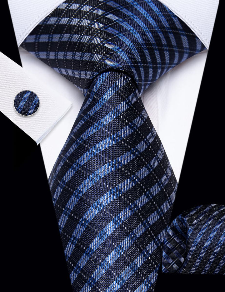  Black Blue Plaid Tie Men Necktie Floral Brooch Tie Bar Set