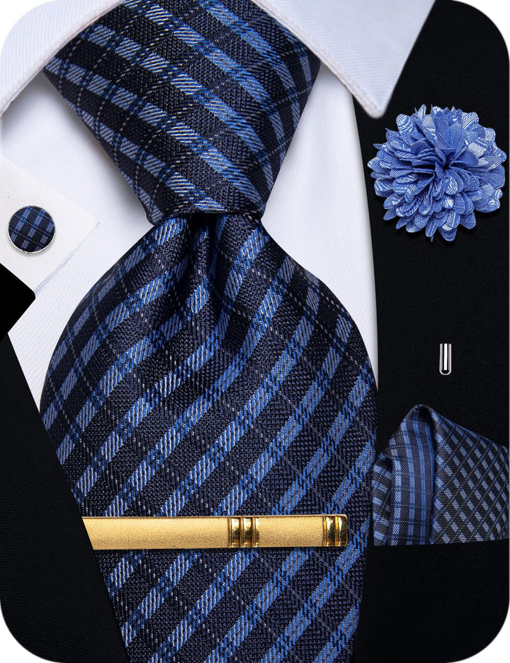  Black Blue Plaid Tie Men Necktie Floral Brooch Tie Bar Set