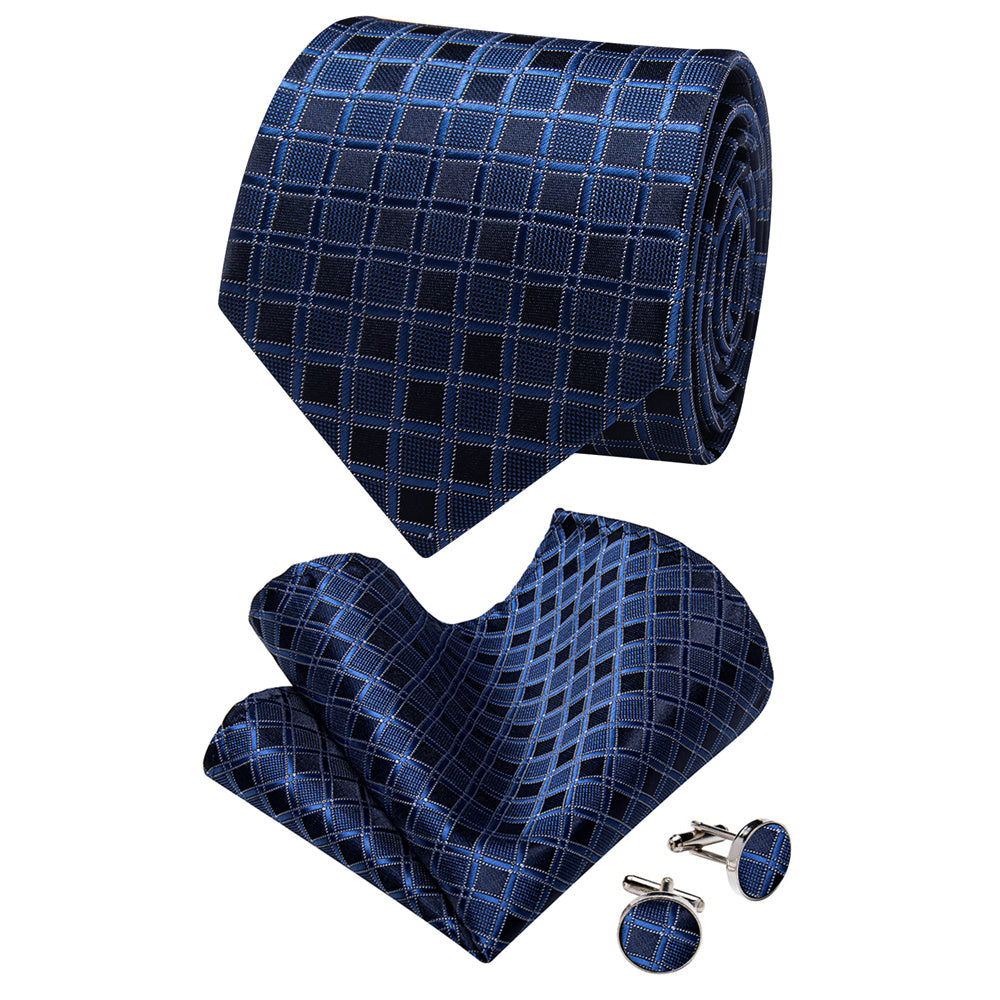 YourTies Deep Blue Plaid Tie Men Silk Necktie Hanky Cufflinks Set