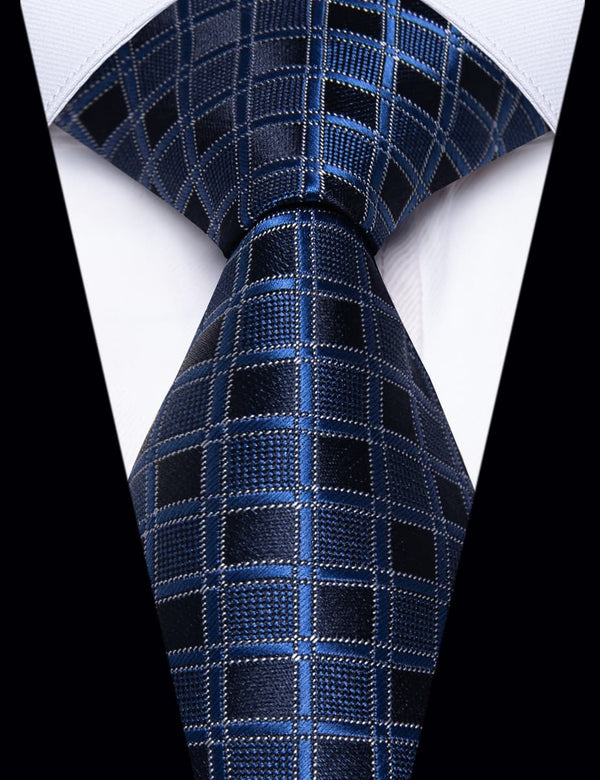 YourTies Deep Blue Plaid Tie Men Silk Necktie Hanky Cufflinks Set