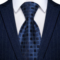 YourTies Deep Blue Plaid Tie Men Silk Necktie Hanky Cufflinks Set