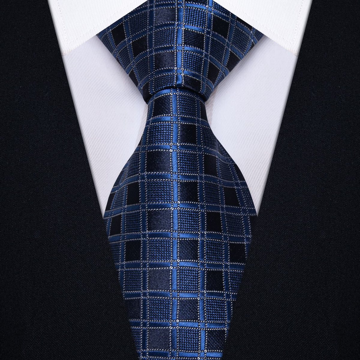 YourTies Deep Blue Plaid Tie Men Silk Necktie Hanky Cufflinks Set