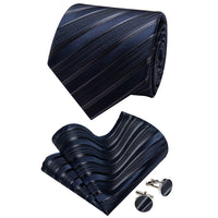 YourTies Dark Blue Ties Black Stripes Necktie Hanky Cufflinks Set