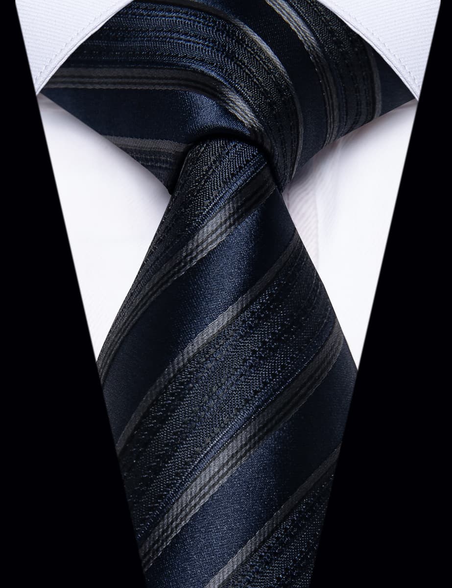 YourTies Dark Blue Ties Black Stripes Necktie Hanky Cufflinks Set