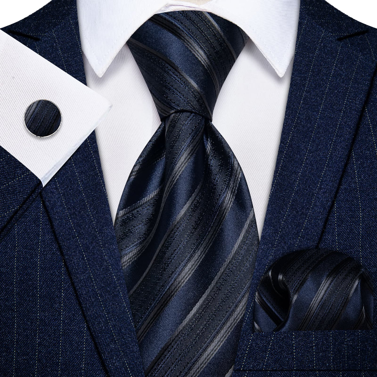 YourTies Dark Blue Ties Black Stripes Necktie Hanky Cufflinks Set