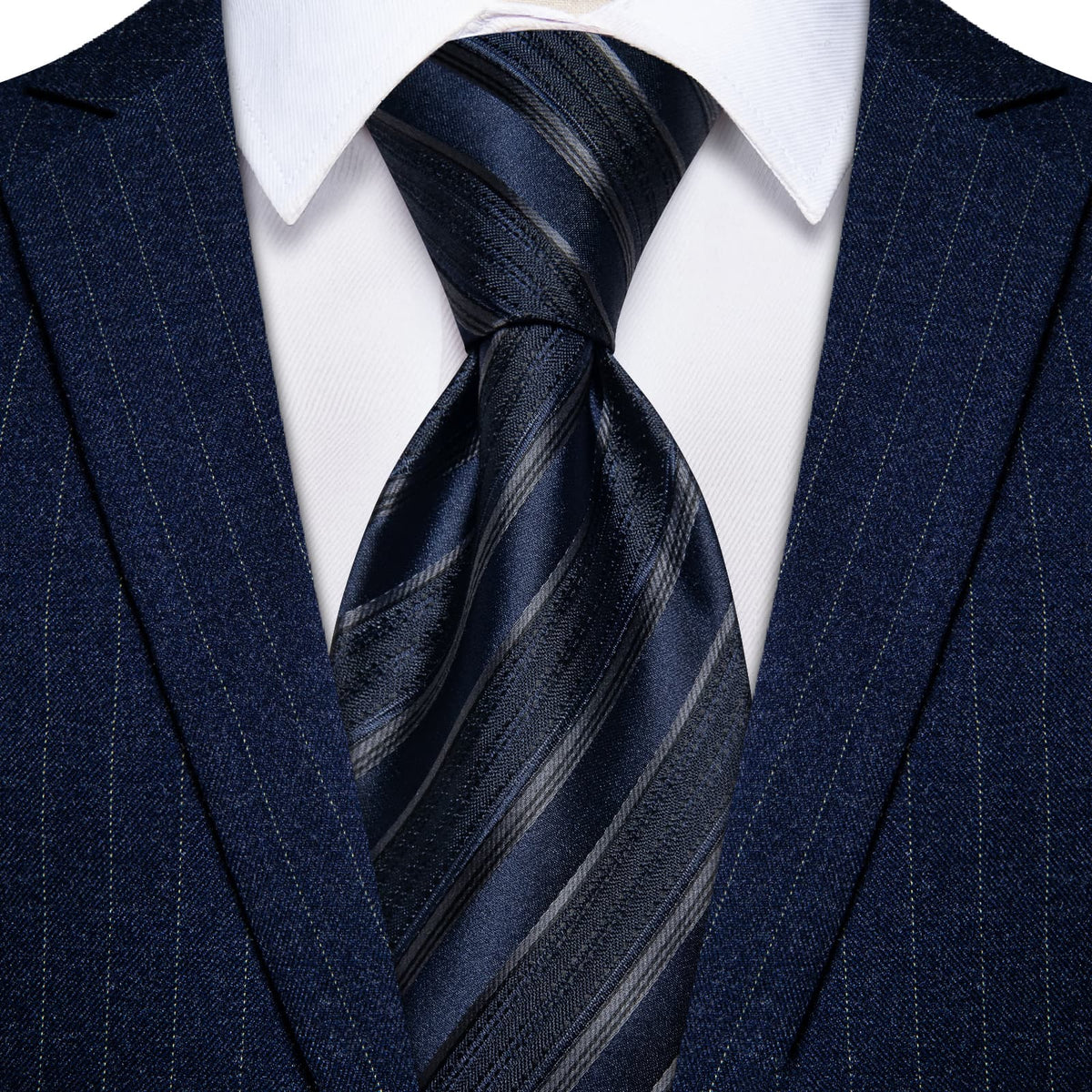 YourTies Dark Blue Ties Black Stripes Necktie Hanky Cufflinks Set