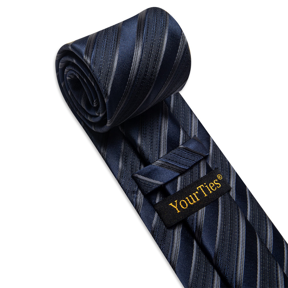 YourTies Dark Blue Ties Black Stripes Necktie Hanky Cufflinks Set