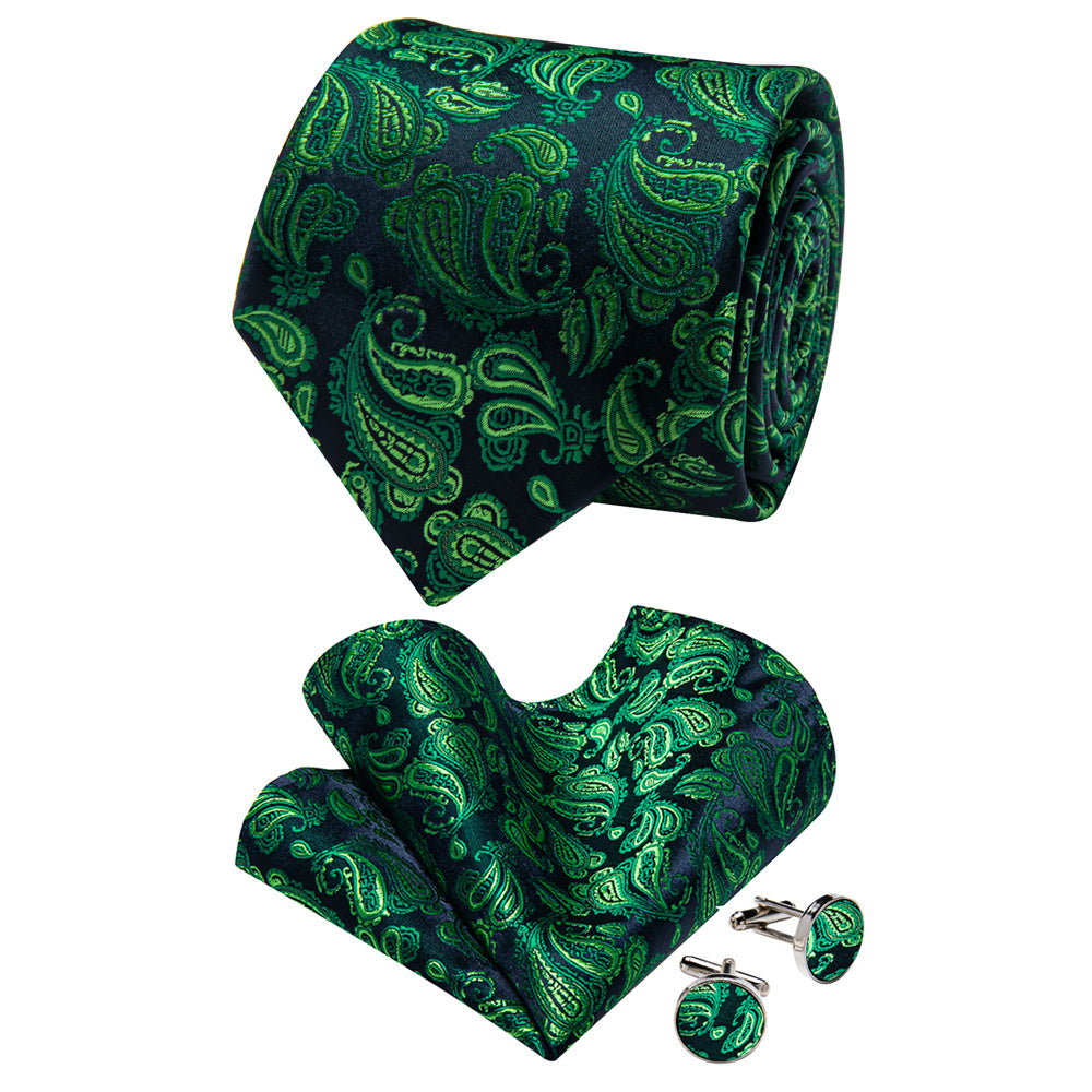 YourTies Deep Blue Green Jacquard Paisley Necktie Hanky Cufflinks Set