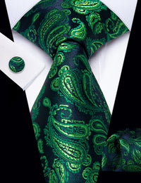 YourTies Green Paisley Tie Blue Men Necktie Floral Brooch Tie Bar Set