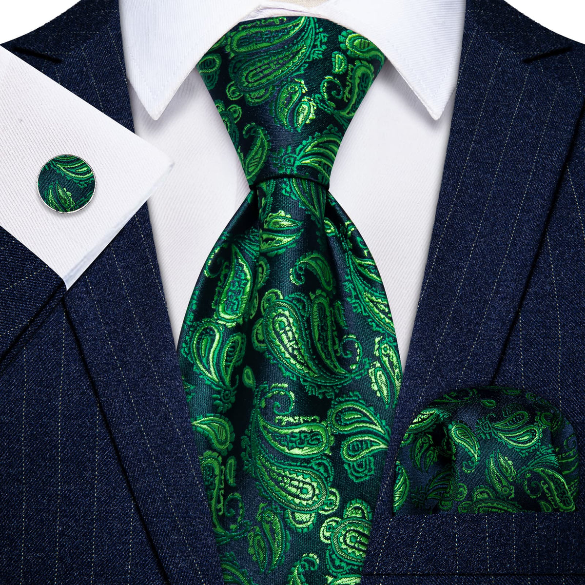 YourTies Deep Blue Green Jacquard Paisley Necktie Hanky Cufflinks Set