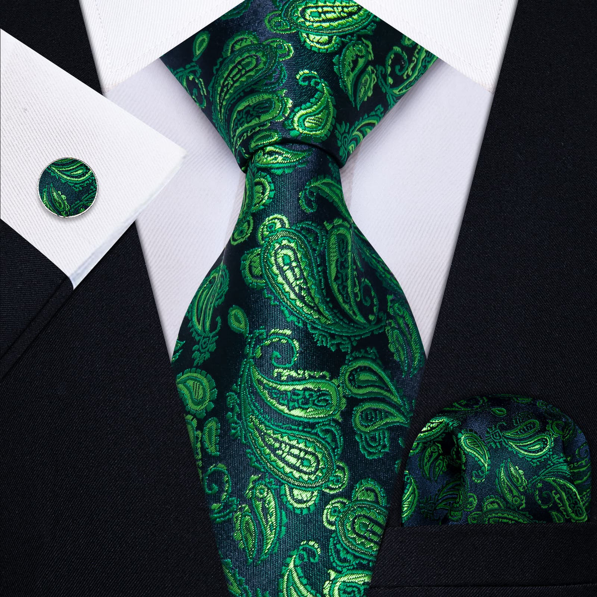 YourTies Deep Blue Green Jacquard Paisley Necktie Hanky Cufflinks Set