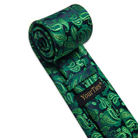 YourTies Deep Blue Green Jacquard Paisley Necktie Hanky Cufflinks Set