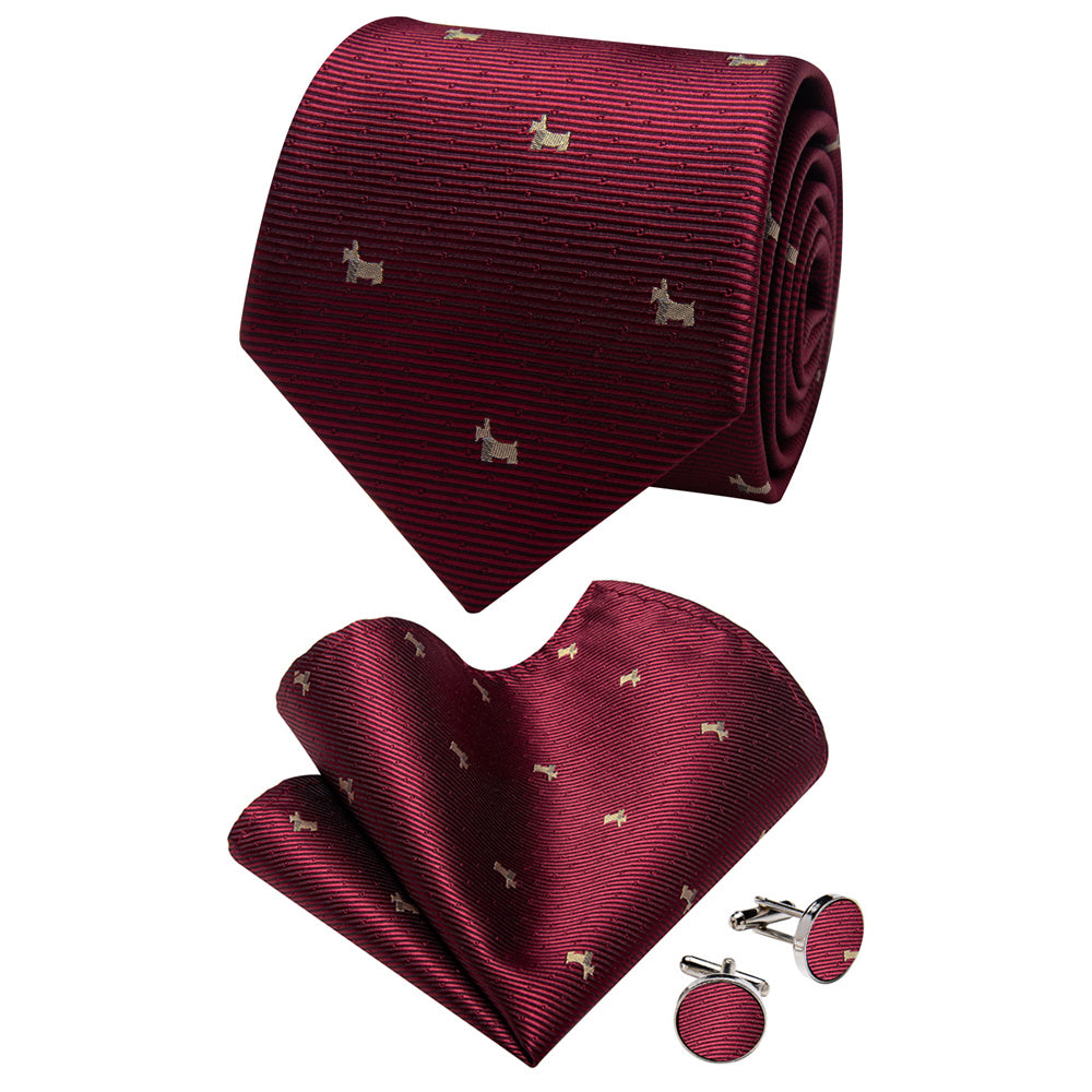 YourTies Burgundy Necktie Brown Puppy Pattern Tie Hanky Cufflinks Set